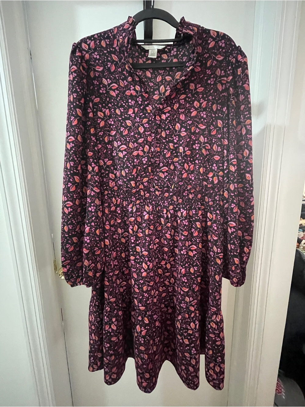 London Times size 14 Floral Long Sleeve Smocked Waist Dress - Pink & Black